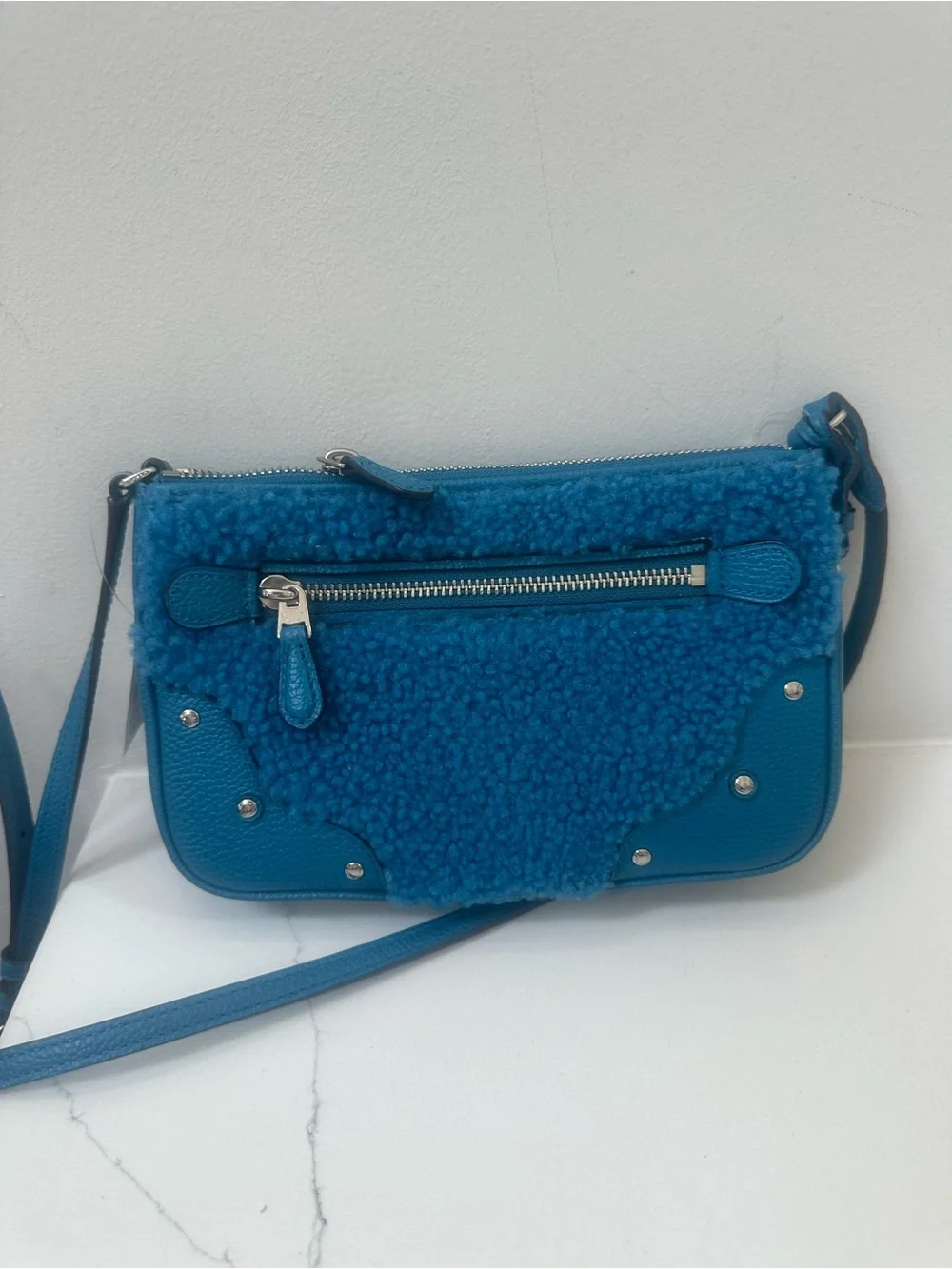 Coach 36490 Shearling w/Leather small Rhyder Pochette Peacock/Blue Crossbody NWT